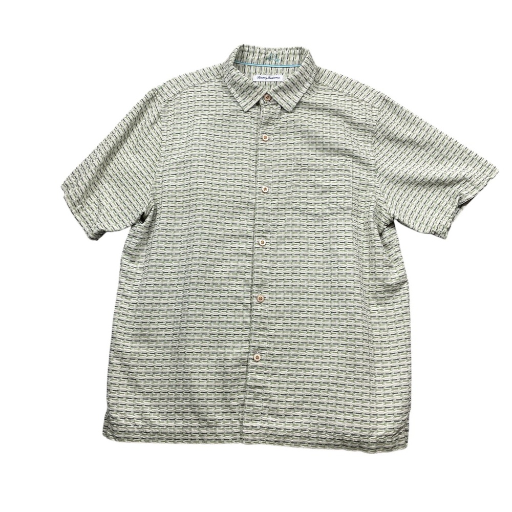 Tommy Bahama Medium Button up Mens 100% Silk Short Sleeve Green Print‎ Shirt